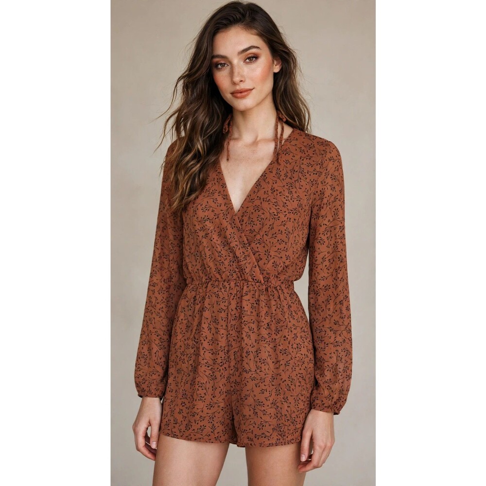 Mahina Womens M Rust Leaf Print Wrap V-Neck Long Sleeve Romper Shorts Boho